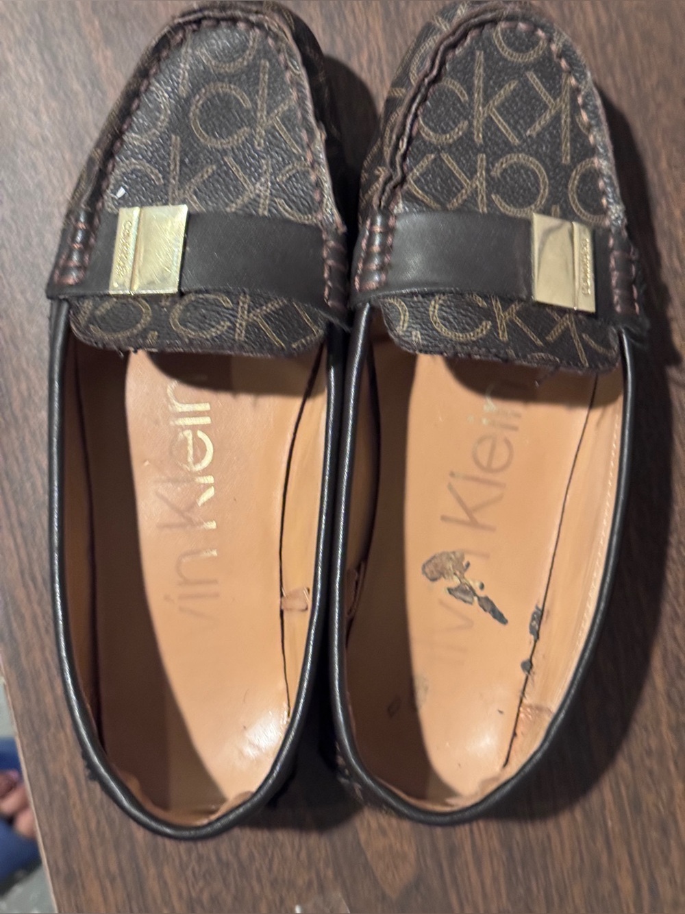 Calvin Klein women’s Dark Brown Logo Loafers with Gold Accent